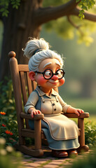 old woman sits on wood chair