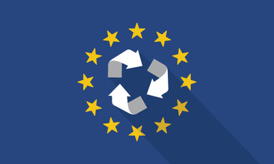 Recycling Symbol with Long Shadow on the European Union Flag.