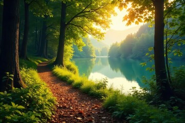 Obraz premium Serene nature scene; sunlit forest path winding towards a tranquil lake, conveying peace and spiritual restoration , spiritual growth, forest, healing