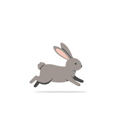 A playful gray rabbit hopping joyfully across a white background, symbolizing freedom