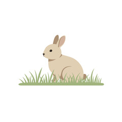 A cute beige rabbit sitting in green grass on a white background, ideal for nature themes