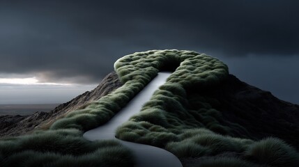 A winding path through a mountainous landscape covered in thick grass.