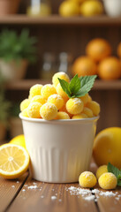 Lemon gummy ball in white ceramic cup
