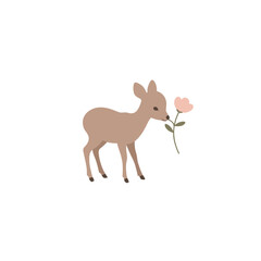 A cute deer holding a flower in a minimalist style, symbolizing nature and innocence