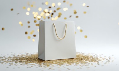 White shopping bag with gold confetti on white background.