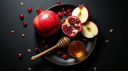 A vibrant pomegranate and sliced apple, paired with a honey dipper and golden honey, scattered with red berries on a dark surface