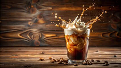 Iced coffee drink with whipped cream splash in glass on wooden surface