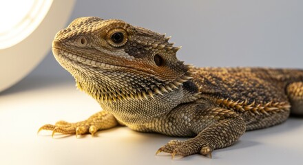 Obraz premium Bearded Dragon Lizard Resting on White Surface in Indoor Environment