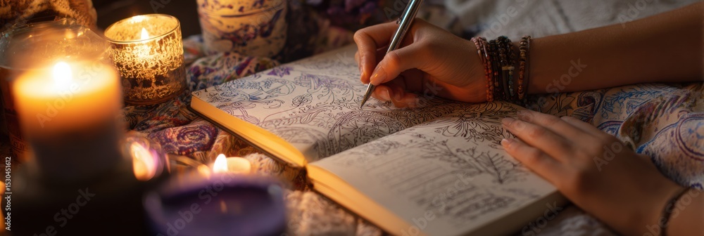 Poster journaling by candlelight with a wellness notebook in a cozy setting at night