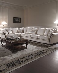 White sectional sofa is in a living room with a rug and a coffee table