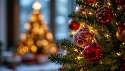 Obraz premium Christmas decoration red bauble light on tree with blurred background