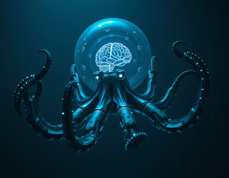 Cybernetic Octopus Floating in Dark Sci-Fi Abyss