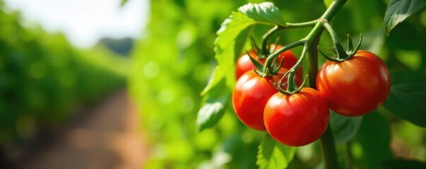 Sun-drenched tomatoes ripening on the vine, alongside basil and oregano, in a lush Italian food plantation  A vibrant scene of rustic Italian agriculture  , Italian herbs, vegetables