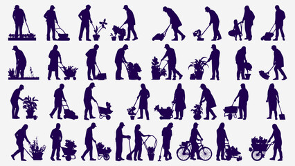 Gardener Silhouettes Vector Set – People Gardening with Tools, Outdoor Work and Hobbies Collection