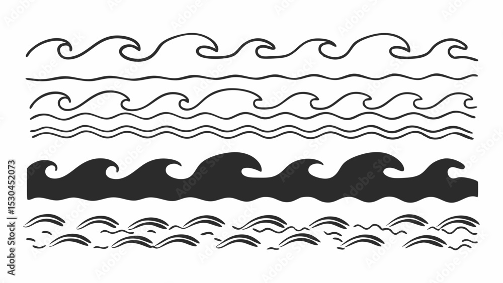 Poster illustration of various wave patterns in different styles and thicknesses on a white background crea