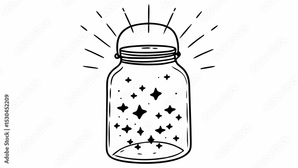 Poster hand drawn mason jar with stars inside and light rays emanating from the top on a white background c