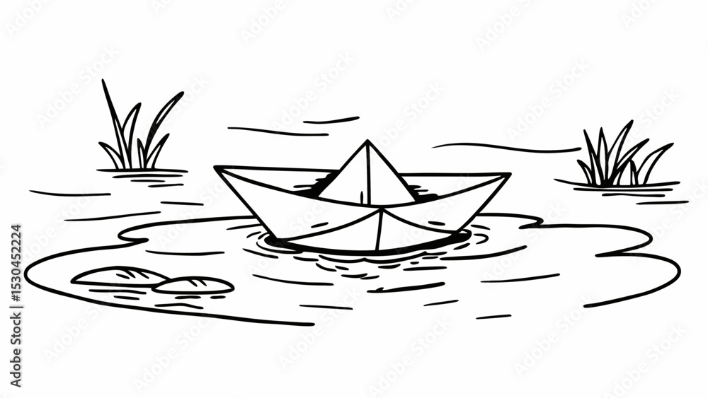 Poster paper boat floating on water with grass and ripples in a simple black and white line drawing style c