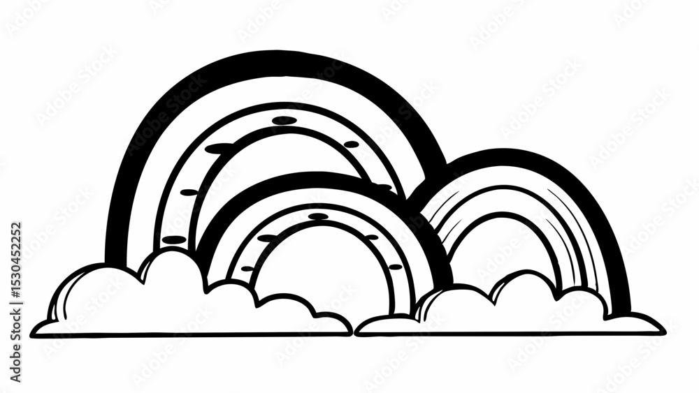 Poster illustration of overlapping rainbows with clouds in black and white outline style design vector art 