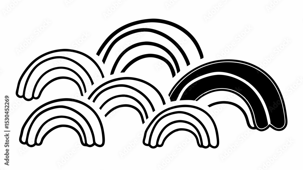 Poster seven monochrome rainbows arranged in a cluster with varying sizes and line thicknesses design creat