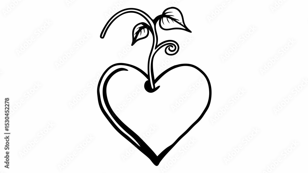 Poster heart shaped outline with a plant growing from the top with leaves and a curly stem design element c