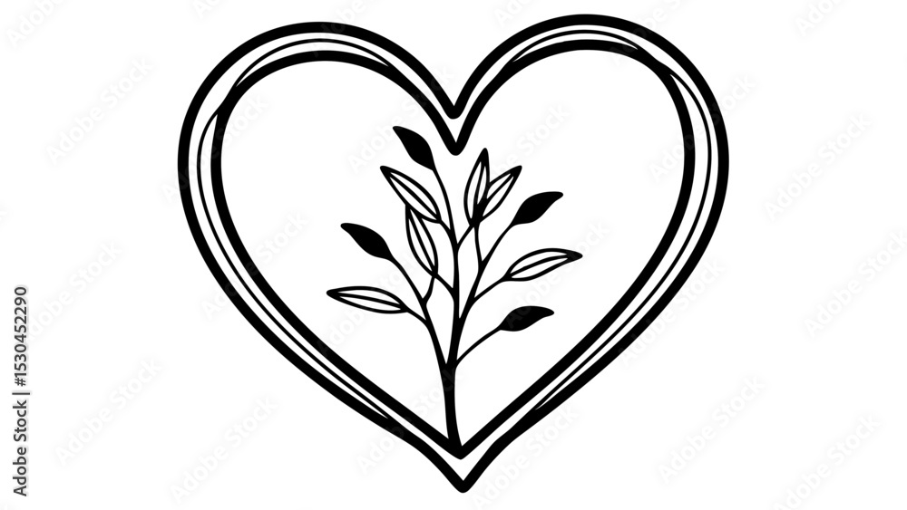 Aufkleber illustration of a heart shape with a leafy branch inside in black and white style design art created