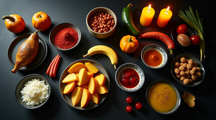 A vibrant autumnal still life featuring pumpkins, fruits, sauces, and lit candles on a dark surface