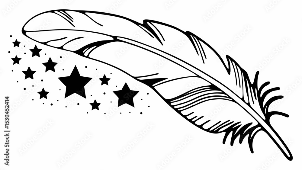 Poster detailed outline of a feather accompanied by stars and dots on a white background drawing art create