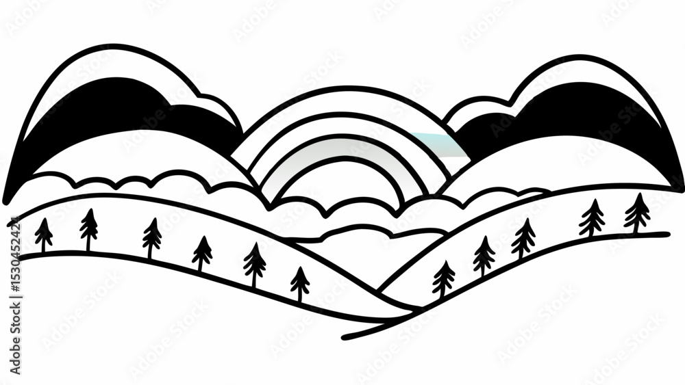 Poster stylized landscape with mountains rainbow trees and clouds in black and white outline drawing style 