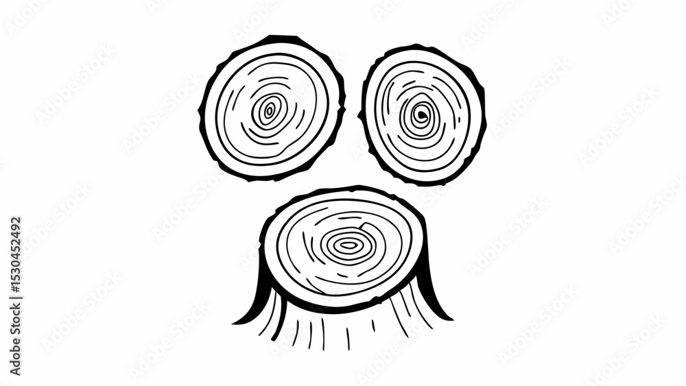 Poster illustration of three tree stump rings arranged to resemble a face on a white background created wit