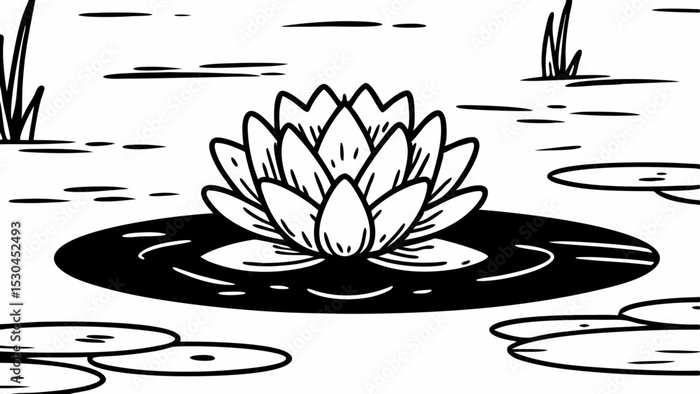 Poster illustration of a water lily in a pond with lily pads and reeds in a black and white drawing style c