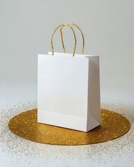 White shopping bag with gold confetti on white background.