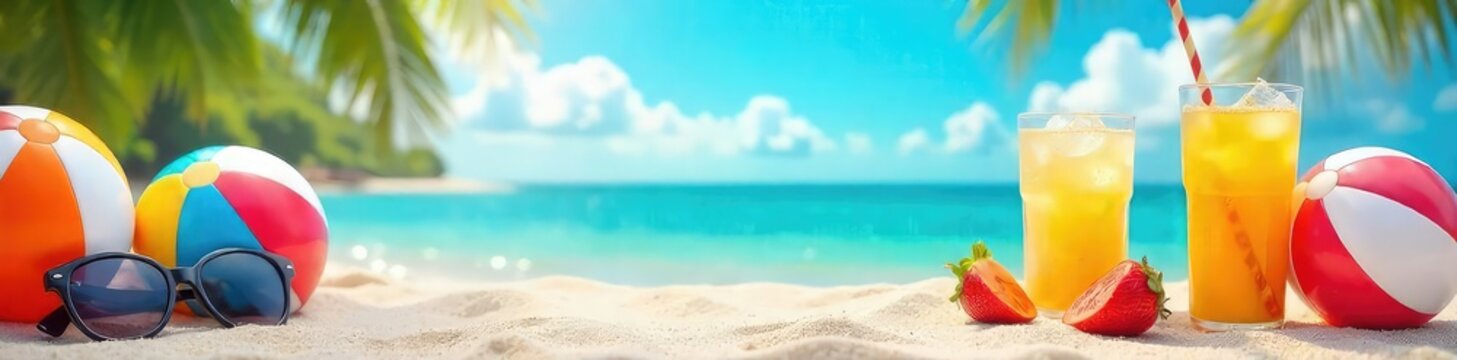 Vibrant summer scene featuring colorful beach balls, sunglasses, and refreshing drinks, perfect for a summer-themed project or design , summertime, teal, august