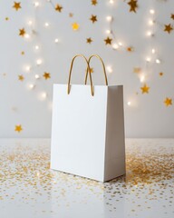 White shopping bag with gold confetti on white background.
