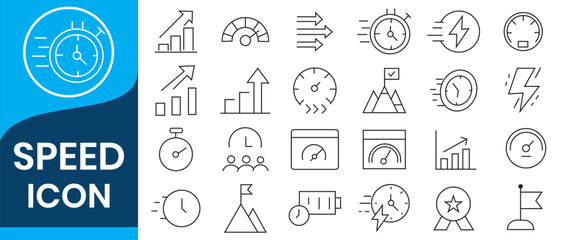 Speed icons vector illustration with thin line icon contains fast, slow, movement, speeding, gauge, speedometer, measure, rapid, accelerate, flash, quick, express, run, velocity, indicator 