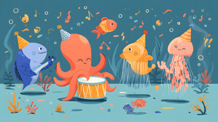 flat illustration of cute ocean animals