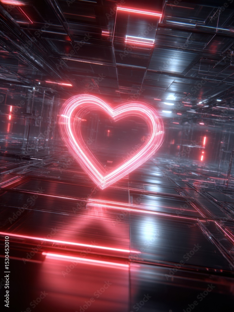 Poster neon heart glowing in a futuristic digital grid with a blank space in the upper right corner