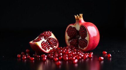 Halved pomegranates, their ruby seeds glistening, spill onto a dark, reflective surface, a study in rich color and texture