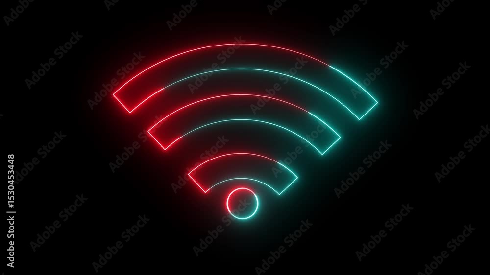 Poster wifi icon animation glowing neon red and cyan aqua color broadband internet wireless network signal 