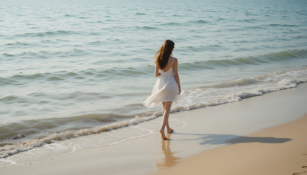 Woman in White Dress Walking on Sandy Beach Towards Ocean Waves