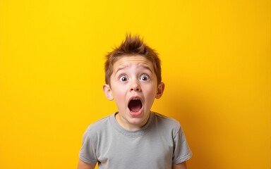 Young caucasian kid standing over yellow background afraid and shocked with surprise expression, fear and excited face. High quality