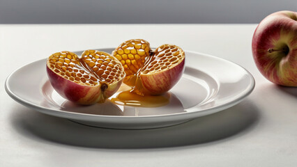 Halved apples filled with golden honeycomb and drizzled with honey, isolated on white background
