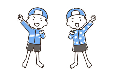 エイエイオーをしている水着の男の子と女の子