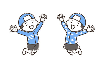 笑顔でジャンプしている水着の男の子と女の子