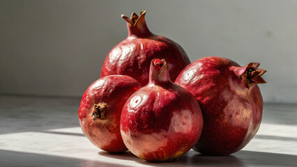 A cluster of rubyred pomegranates bask in the soft light, their glossy skins hinting at the juicy sweetness within