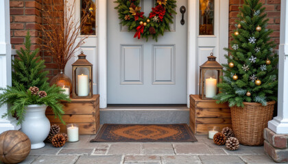 Christmas wreath on door with festive front porch decor and glowing candles