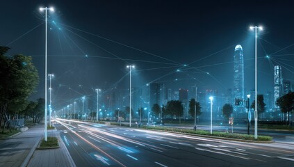 Connected streetlights, sensors, and traffic controls working together in a smart city.