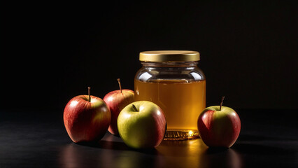 A golden jar of apple cider surrounded by ripe apples, set against a dark, moody backdrop