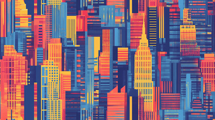 Vibrant Cityscape Abstract Art featuring Colorful Buildings and Skyscrapers