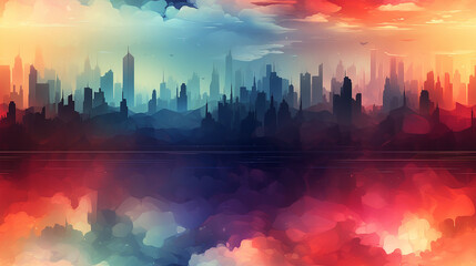 Vibrant Cityscape Skyline Reflected in Colorful Water Artistic Painting
