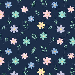 Seamless floral pattern with pastel flowers and leaves on navy blue background. perfect for fabric, wallpaper, wrapping paper and digital surface design.